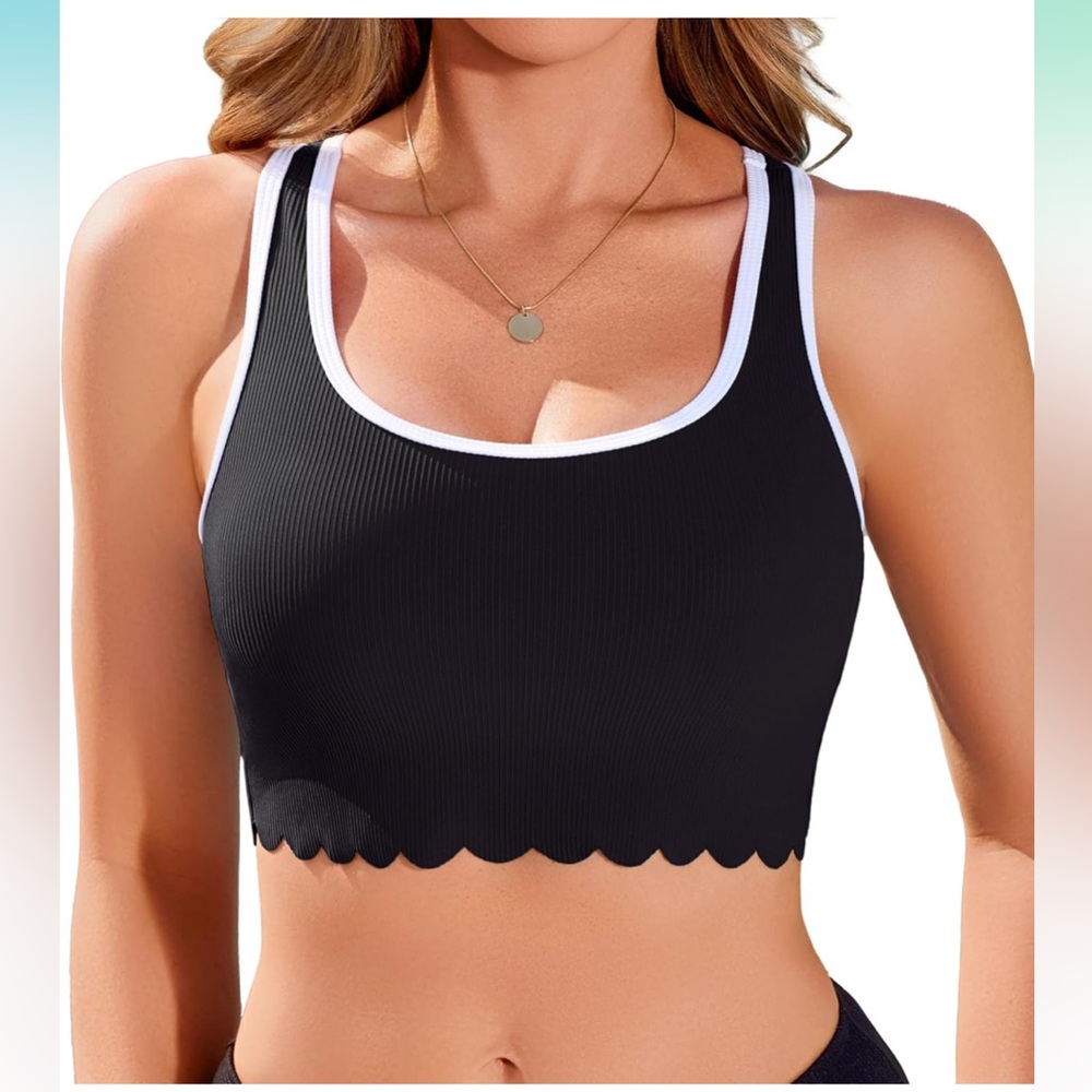 🚘Black Scalloped Edge bikini top racerback top scalloped ribbed swim bra padded